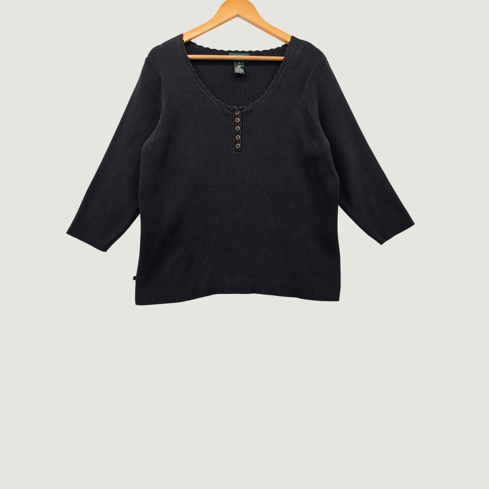 Lauren Ralph Lauren Navy Blue Ribbed Henley Cotton Knit Top Plus 2X Scallop Trim